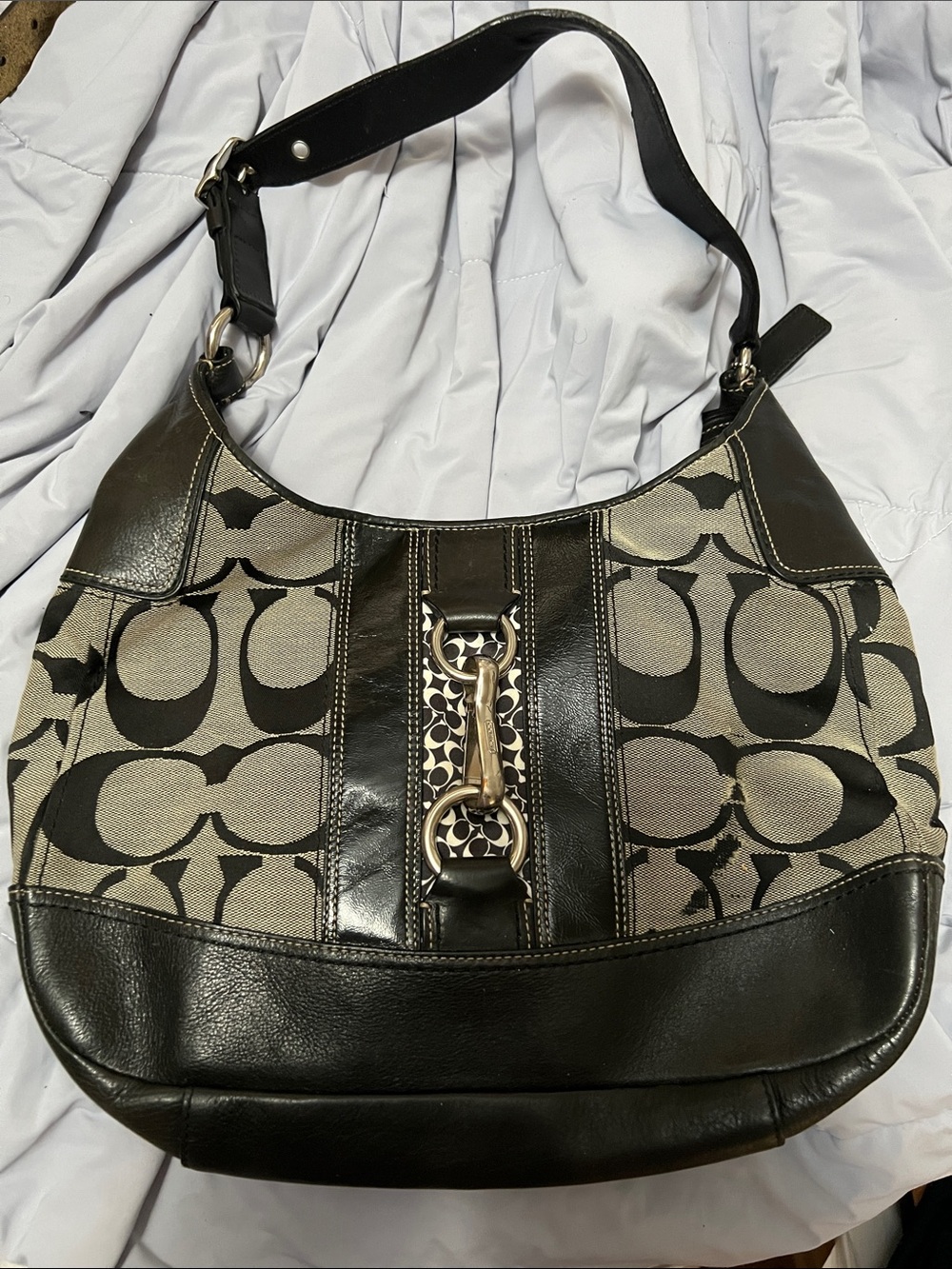 Coach Black and Beige Signature-Pattern Shoulder Hobo Bag